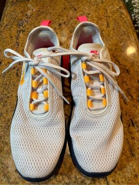 Nike White Mesh Sneakers with Pink Tabs & Yellow Lace Loops
